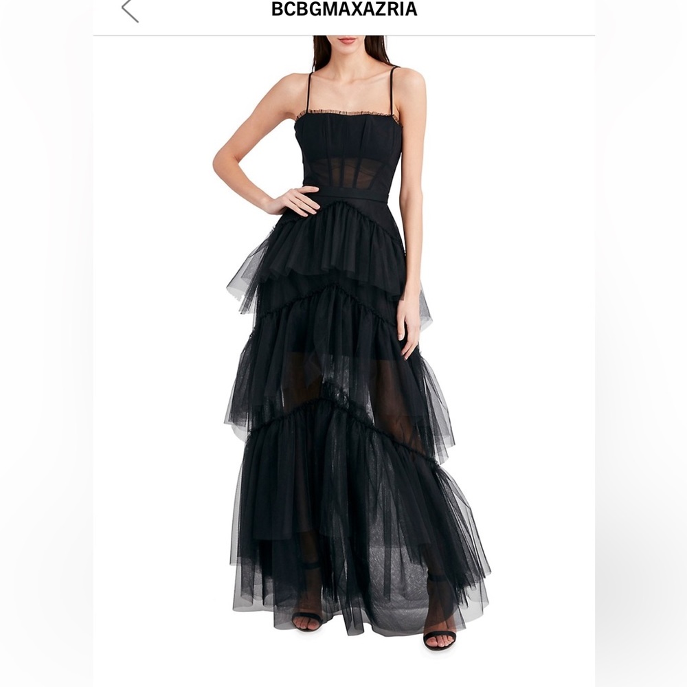 BCBGMaxAzria Sheer Tiered Ruffled Corset Gown Black - Size 6